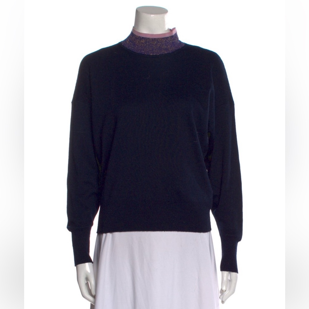 Navy Sandro Sweater with Purple Glitter Mock Neck Size XS/ 2